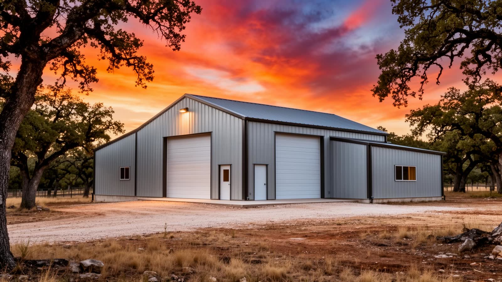 Custom barndominium at golden hour, East Texas — built by LR Mobile Welding