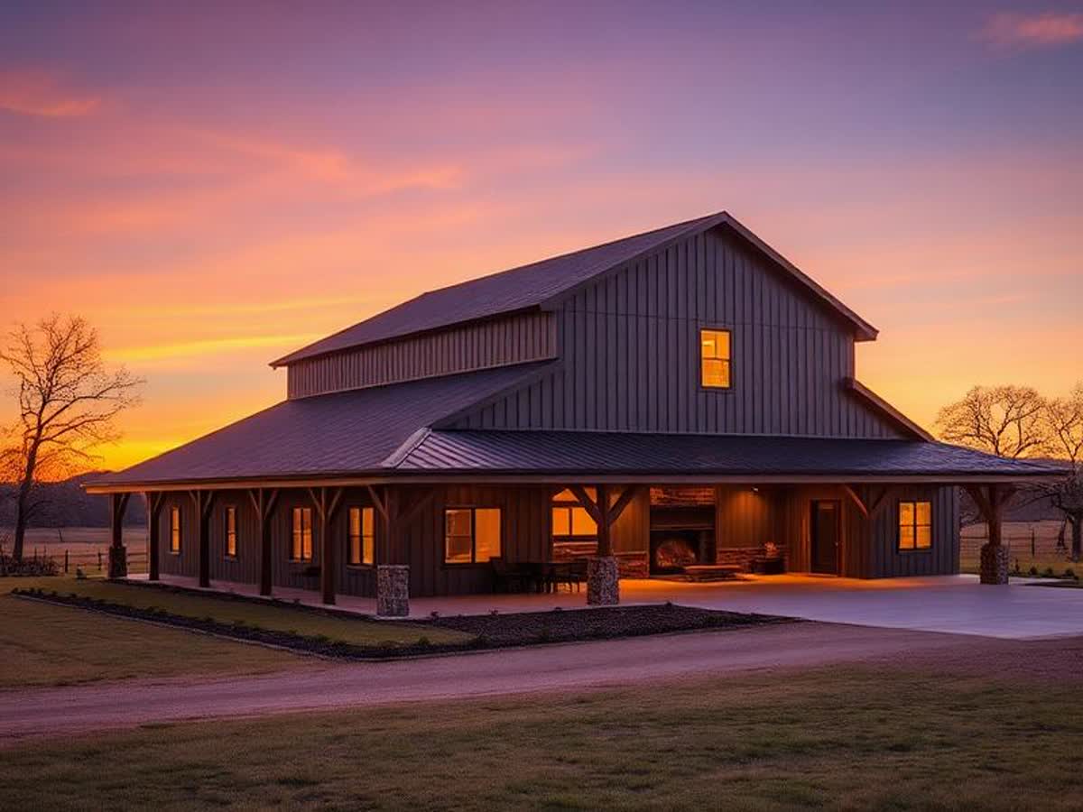 Custom barndominium shell at sunset, East Texas